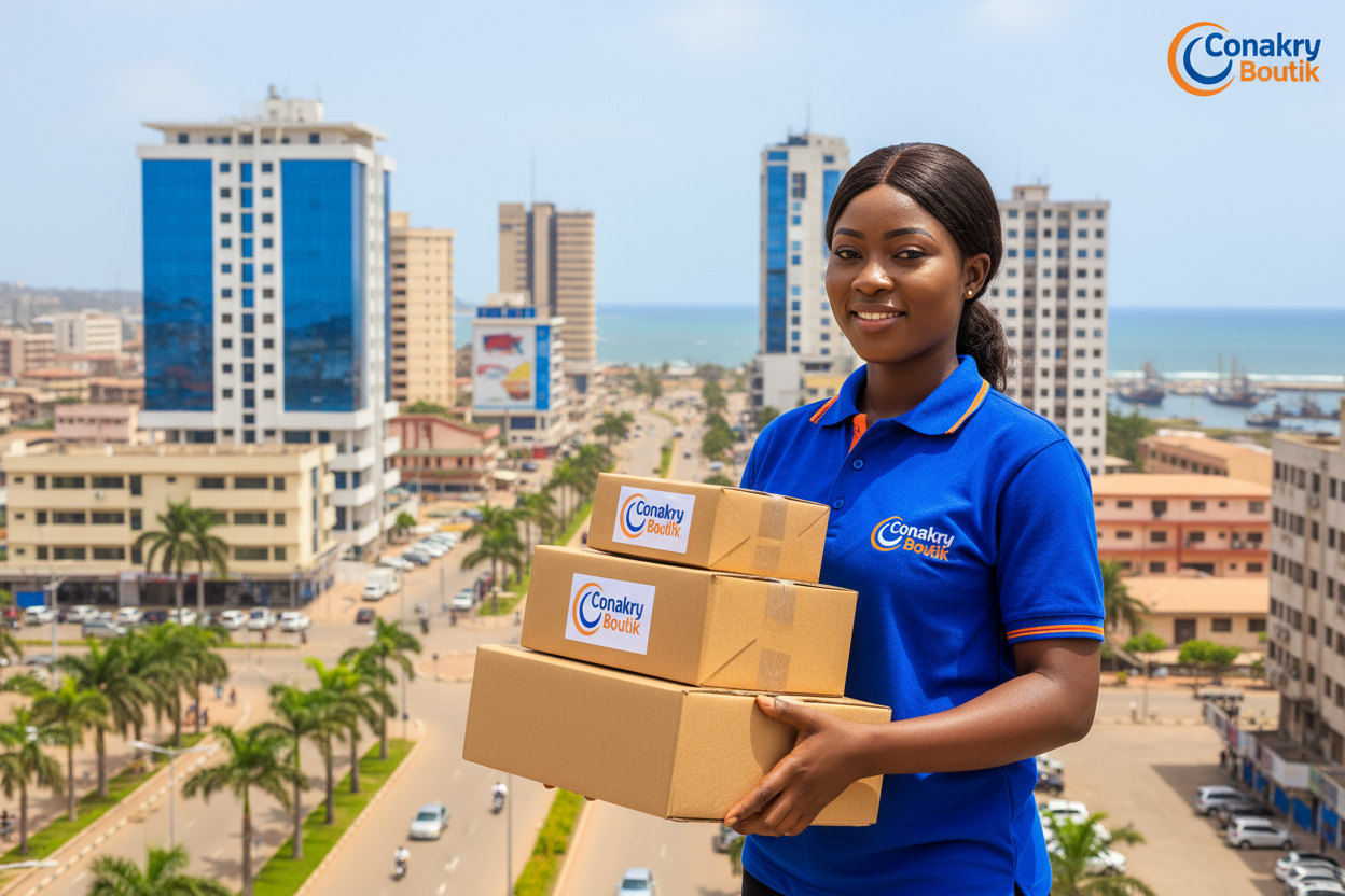 i want the background to be in the city on Conakry and conakry boutik as a logo or a text